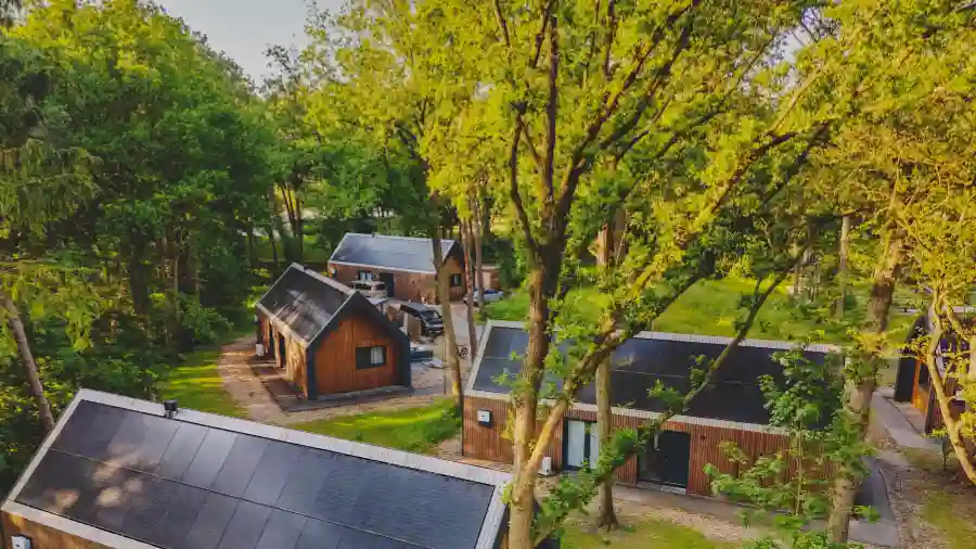 Luchtfoto van accommodaties tussen de bomen op vakantiepark Roodewoud.